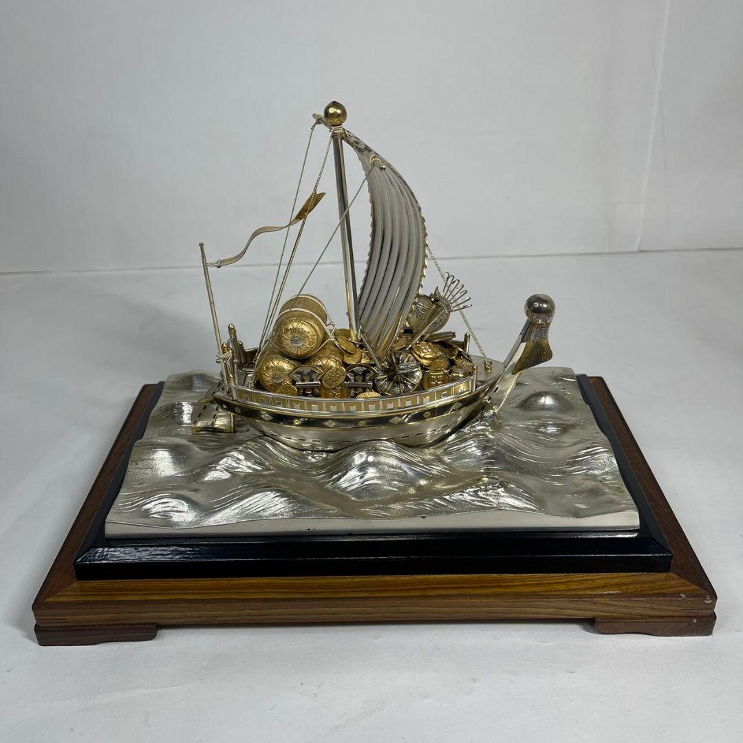 銀製 刻印 宝船 総重量 約2760g 置物 ガラスケース付