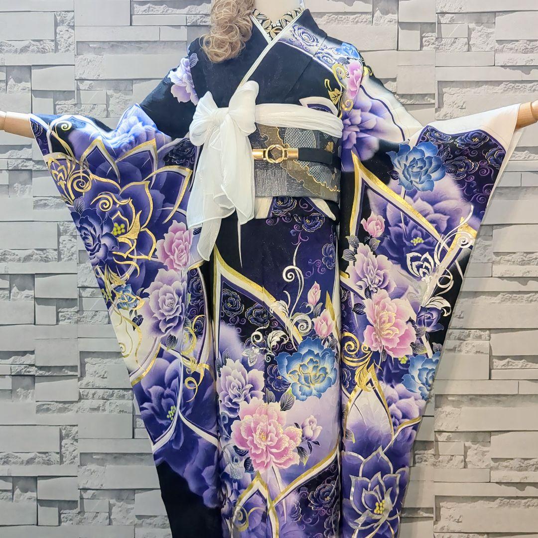 振袖セット 振袖フルセット 正絹振袖 駒刺繍 薔薇 銀通し 金銀系 黒紫青 66