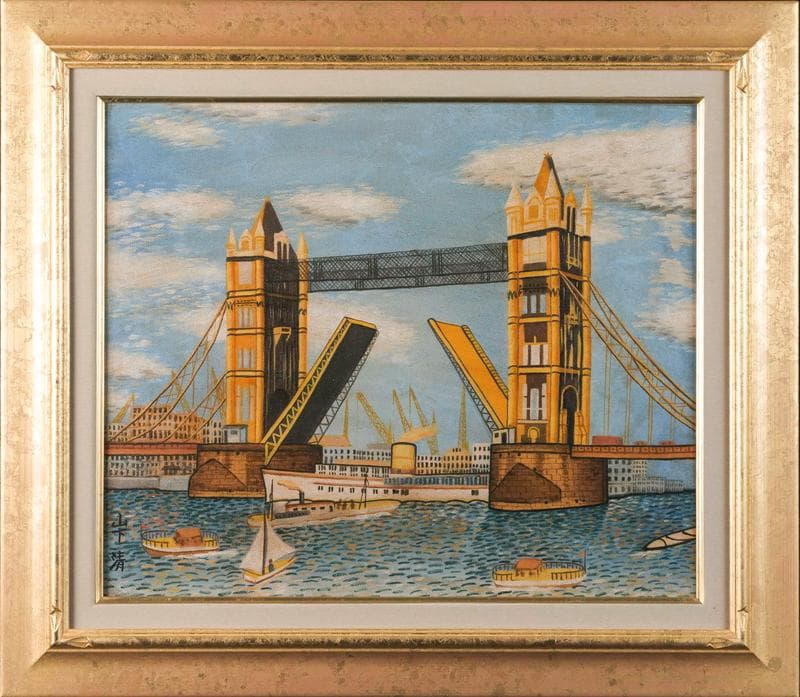 山下清　油彩　肉筆『ロンドンのタワーブリッジ』表と裏サイン　F8号　額装　z67