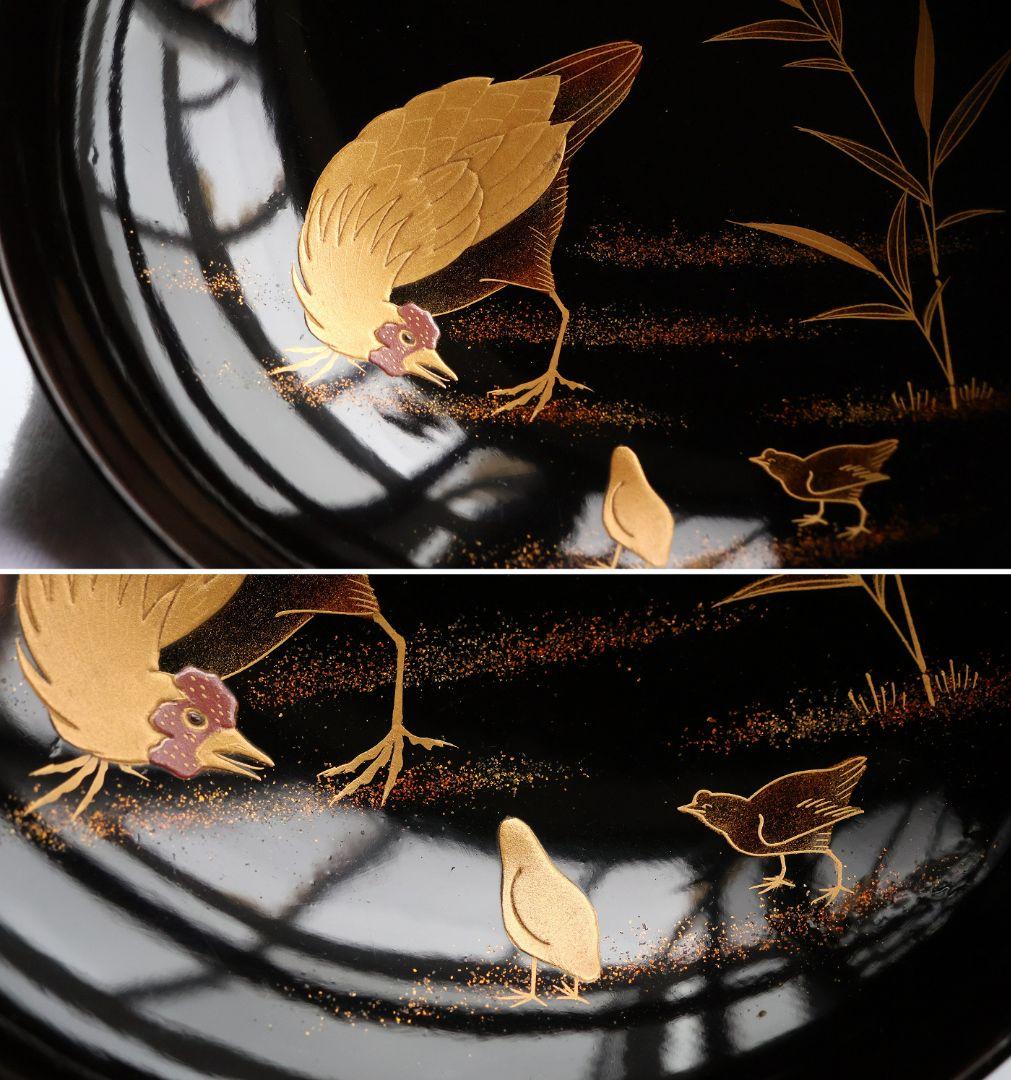 【CM353】時代蒔絵椀 竹に鶏金蒔絵 平椀三客 木製 /(検) 輪島塗加賀能登