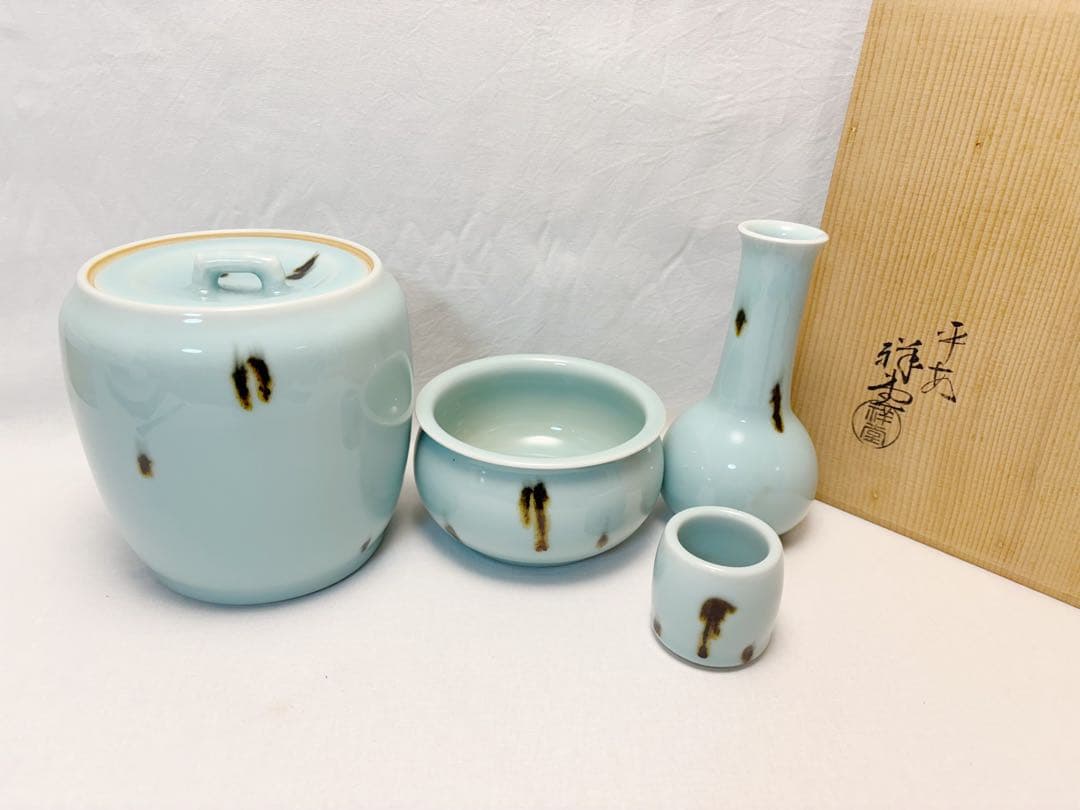 ほぼ未使用 茶道具 平安祥堂造 飛青瓷 台子 皆具 陶印 杓立て 建水蓋置水指