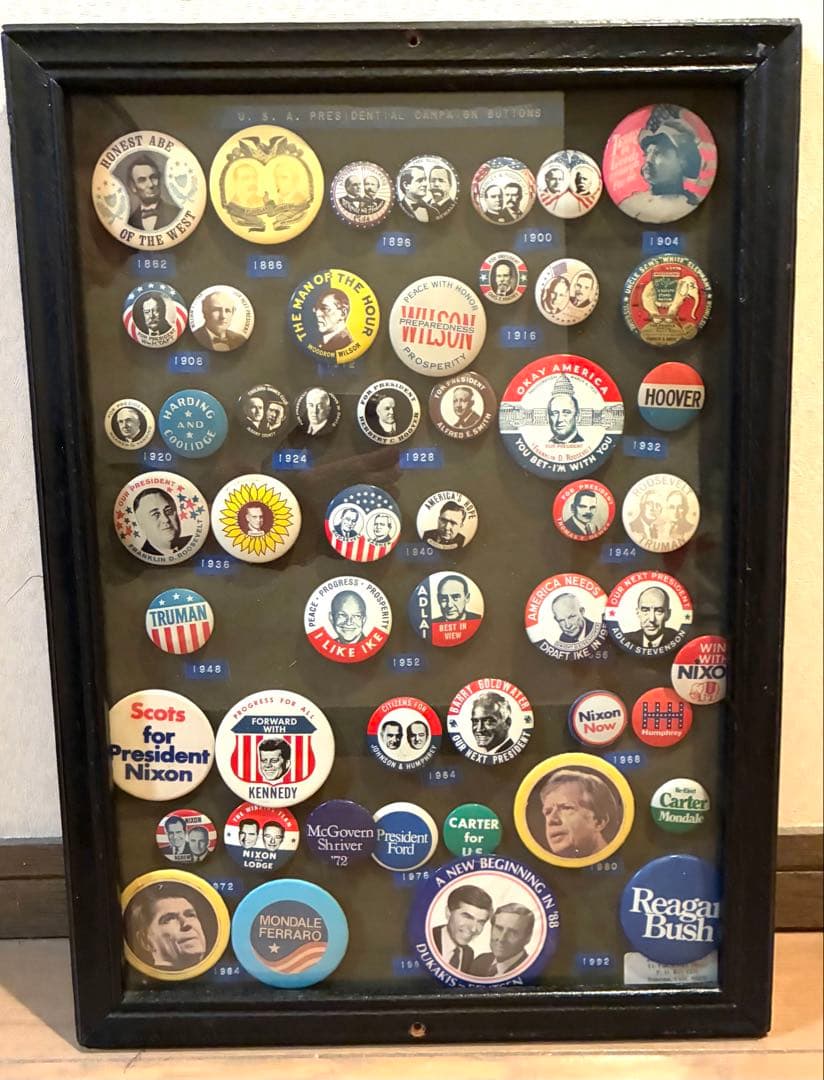アメリカ大統領　選挙　缶バッジ　ビンテージ　アメリカン雑貨　ガレージ　額装