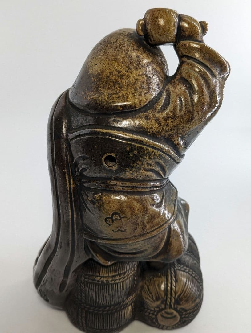 明治～昭和初期 備前焼 大黒天像 置物 七福神 打ち出の小槌 縁起物 工芸品