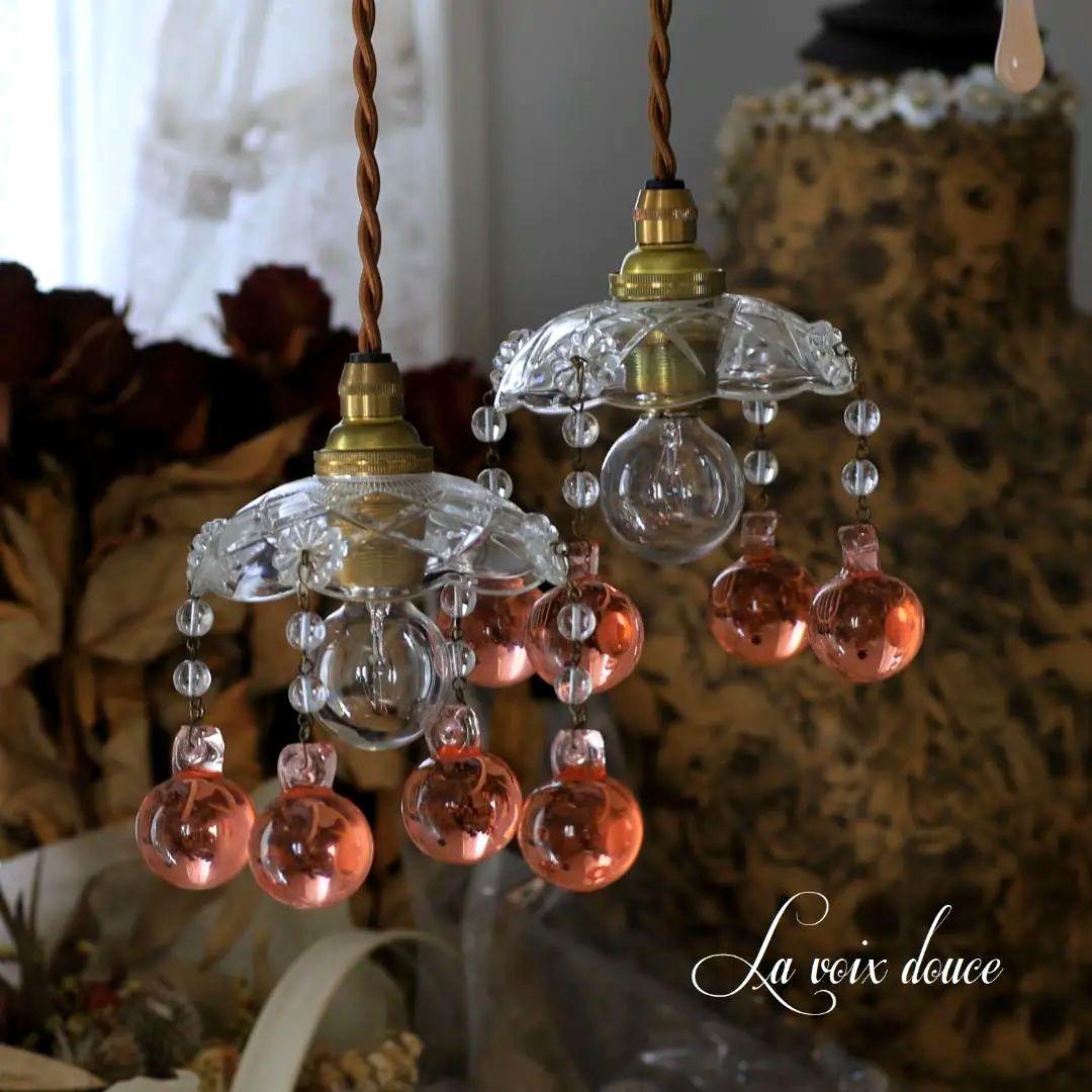 フランスアンティーク ピンク大粒ガラスドロップ ミニシャンデリアシェード