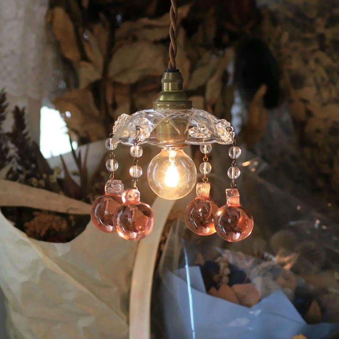 フランスアンティーク ピンク大粒ガラスドロップ ミニシャンデリアシェード