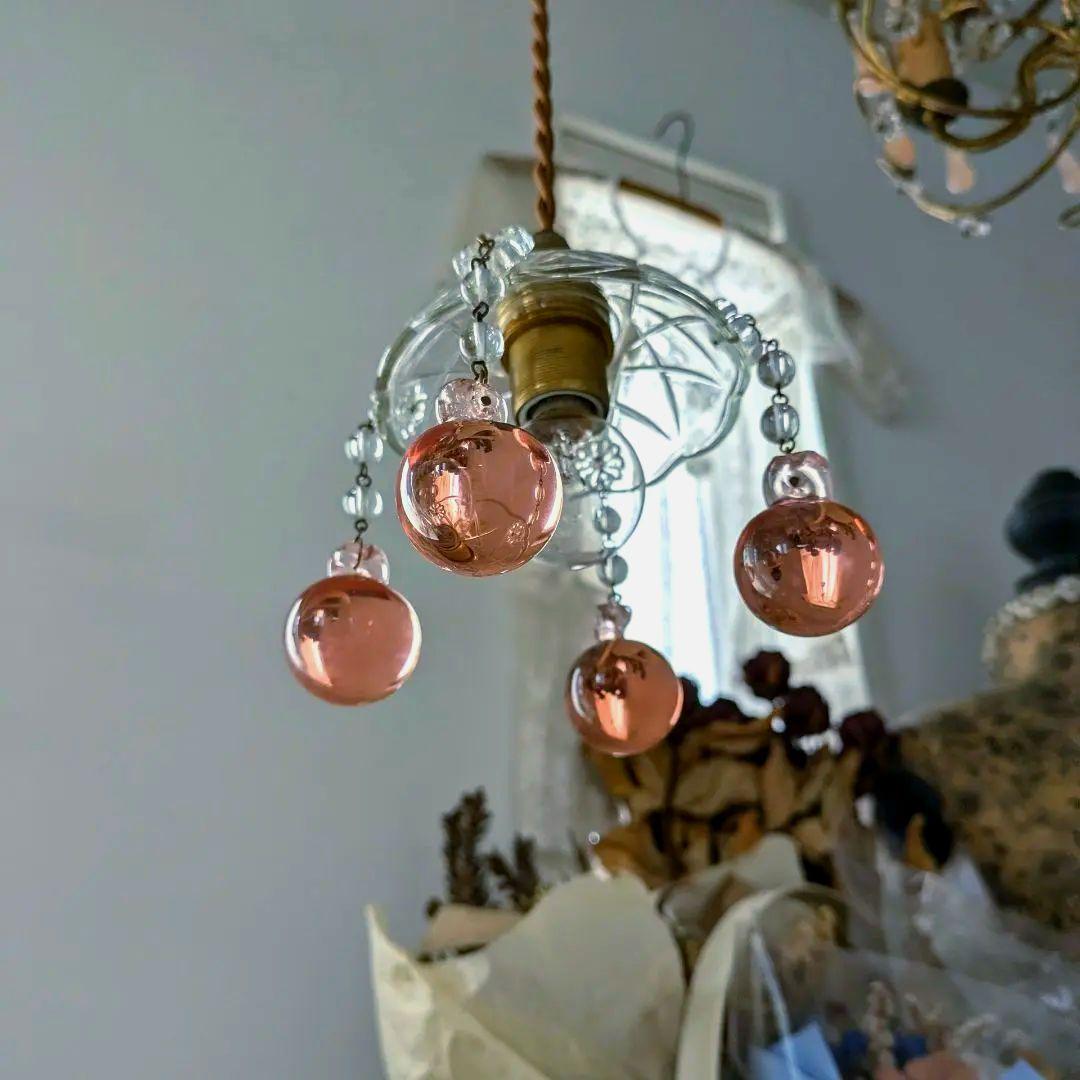 フランスアンティーク ピンク大粒ガラスドロップ ミニシャンデリアシェード