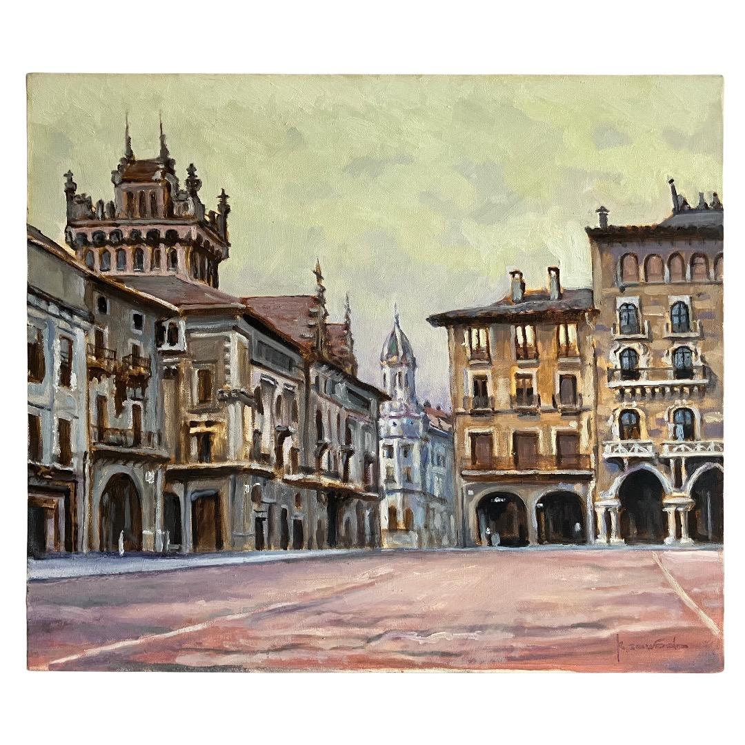 ヨーロッパの街角-F10 油彩 キャンバス 額装　作者不明・希少