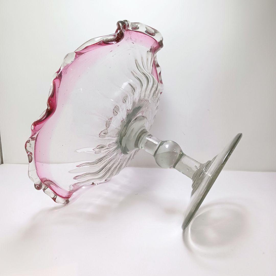 Y2680-1 時代レトロ 赤縁ガラス 大型コンポート 皿 サイン入り #6