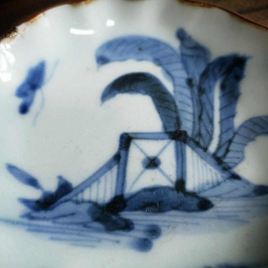 古伊万里 染付 蕉葉文 輪花小皿 二客 江戸後期頃 手描き藍絵 錆縁 古陶磁