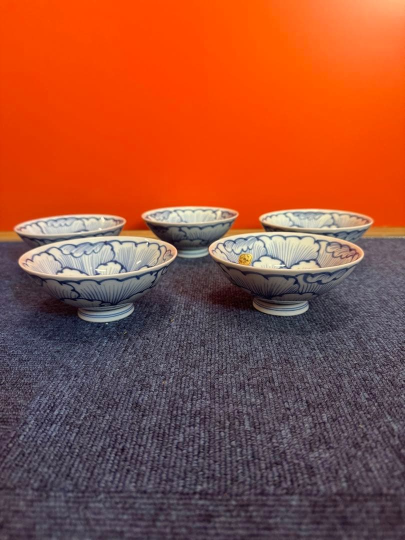1968 三川内焼　嘉久正窯　手描き　牡丹　輪花小鉢　5客　未使用