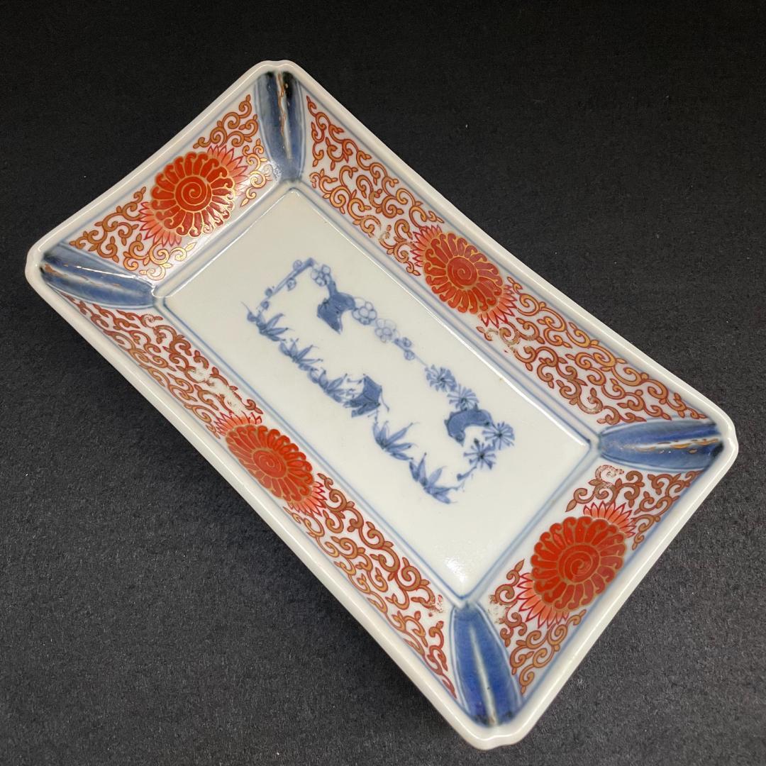 テ*モ様 江戸期 富貴長春 古伊万里 染付 金彩 色絵 骨董 長皿 蛸唐草紋 美