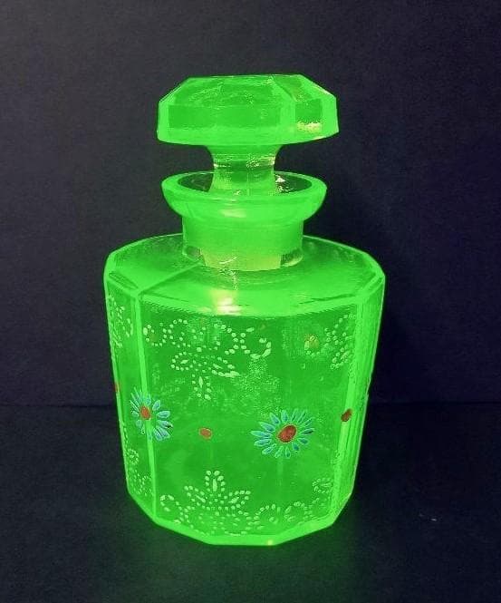 ★P0101★アンティーク　ウランガラス　エナメル花絵 　蓋付き瓶