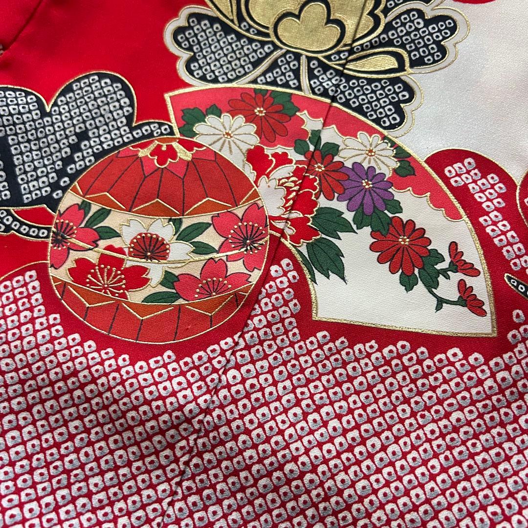 七五三 3歳 着物 753 絹 絞り柄 被布 三歳 赤 草履 金彩 女の子着物