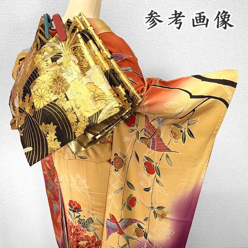 512z3〇小柄な方にも 紅型振袖 菊 橘 鳥 辛子色〇美品 成人式 結婚式