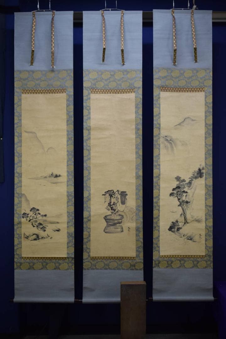 模写/谷文晁/寿老人山水図/絹表装/三幅/布袋屋掛軸HG-37