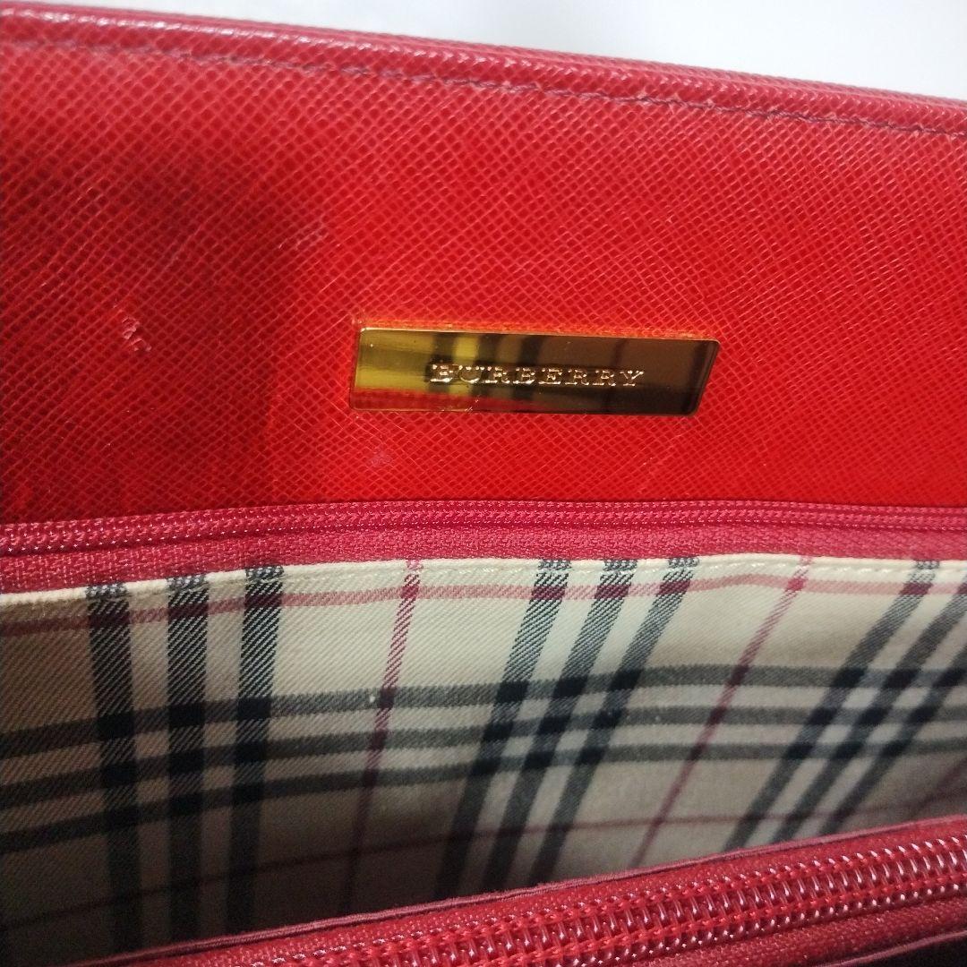 BURBERRY レザー ハンドバッグ メタルロゴ 赤 ノバチェック A4可