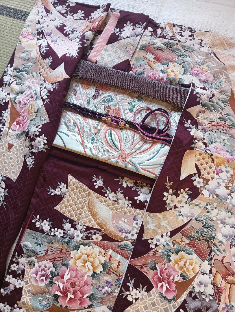 振袖フルセット　美品　パープル系　ロマンチックな古典柄　丈160　裄66.5