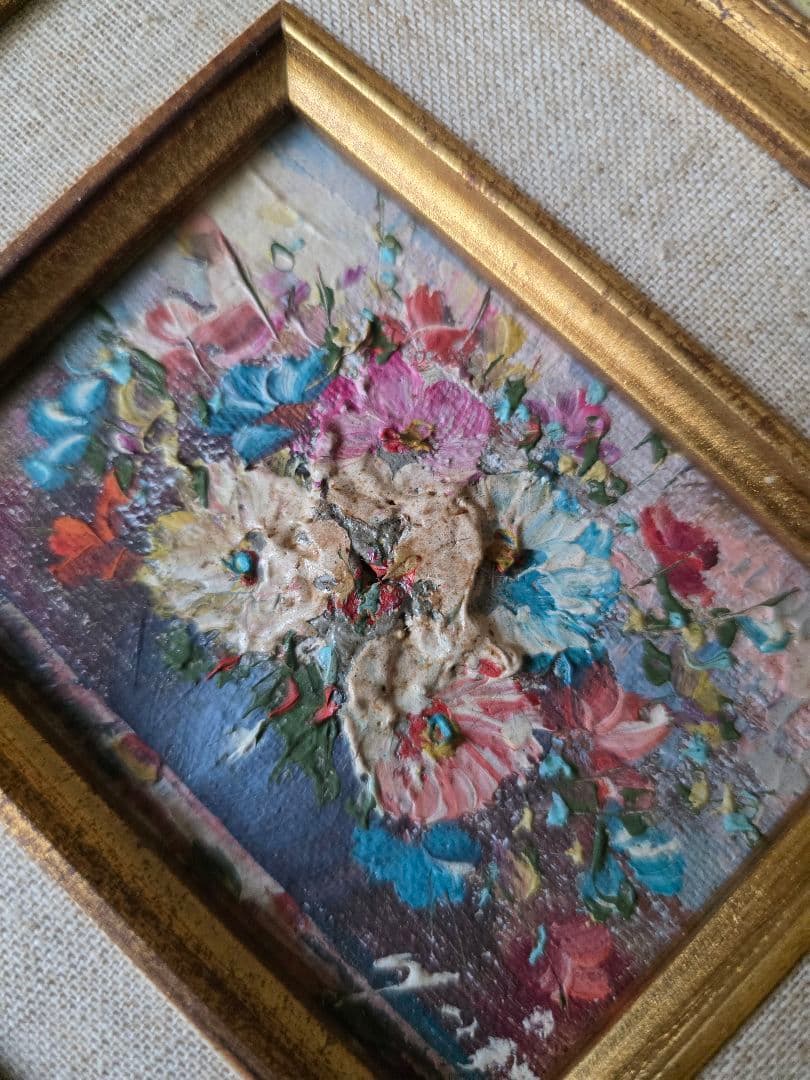 アンティーク　油絵　花束の油彩画 金色フレーム