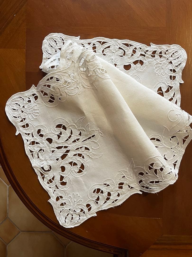 ◆フランスアンティーク｜希少・未使用の手刺繍センタークロス、レース長方形、ロング