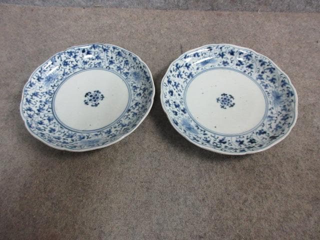 古伊万里 渦福 みじん唐草 染付 中皿 2枚 [B31415]