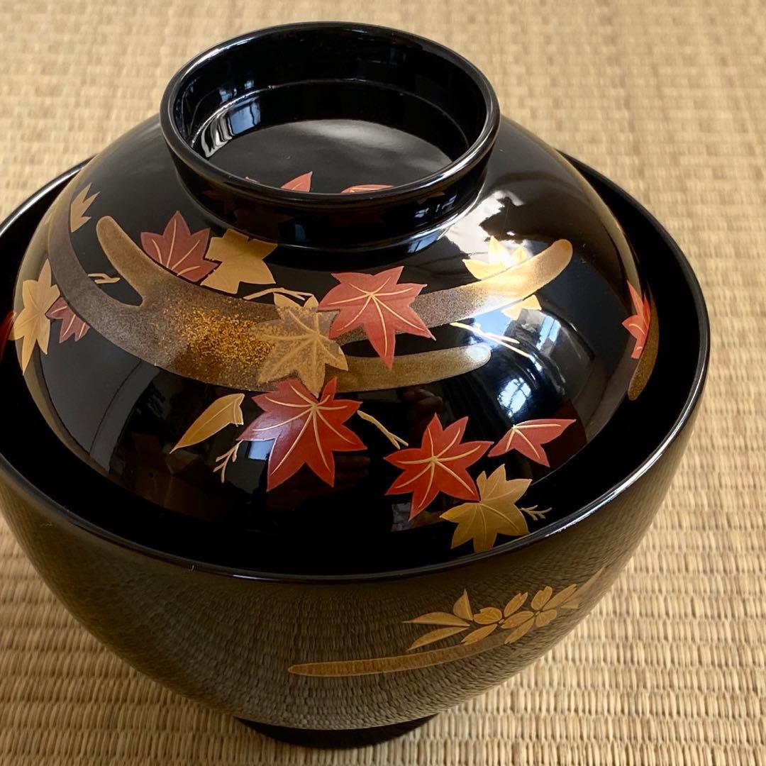 未使用 輪島塗 慶塚作【霞春秋蒔絵 蓋付吸物椀5客】天然木 漆塗 金蒔絵 共箱