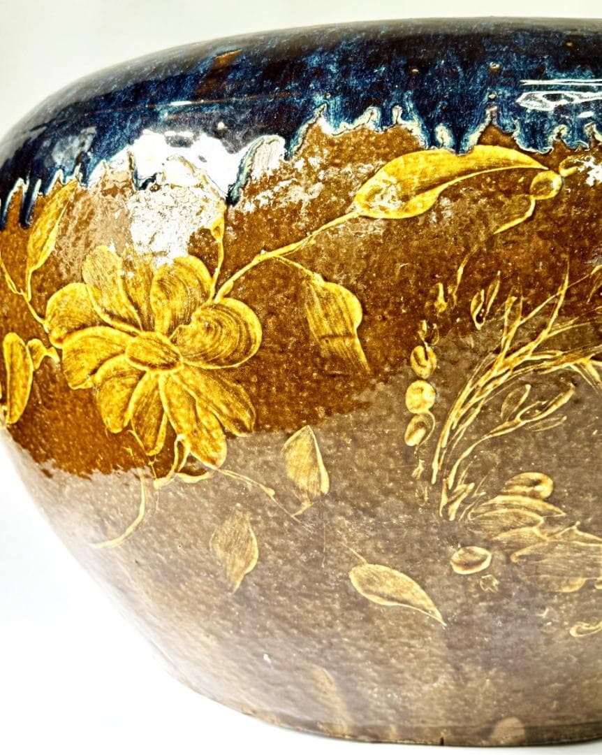 清時代 乾隆・嘉慶年間葛明祥造特注品 海鼠釉黄釉花鳥文火鉢 特大WWTT152