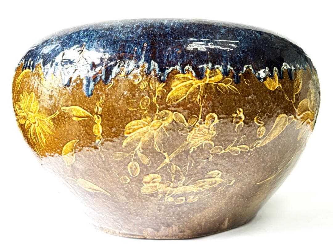 清時代 乾隆・嘉慶年間葛明祥造特注品 海鼠釉黄釉花鳥文火鉢 特大WWTT152