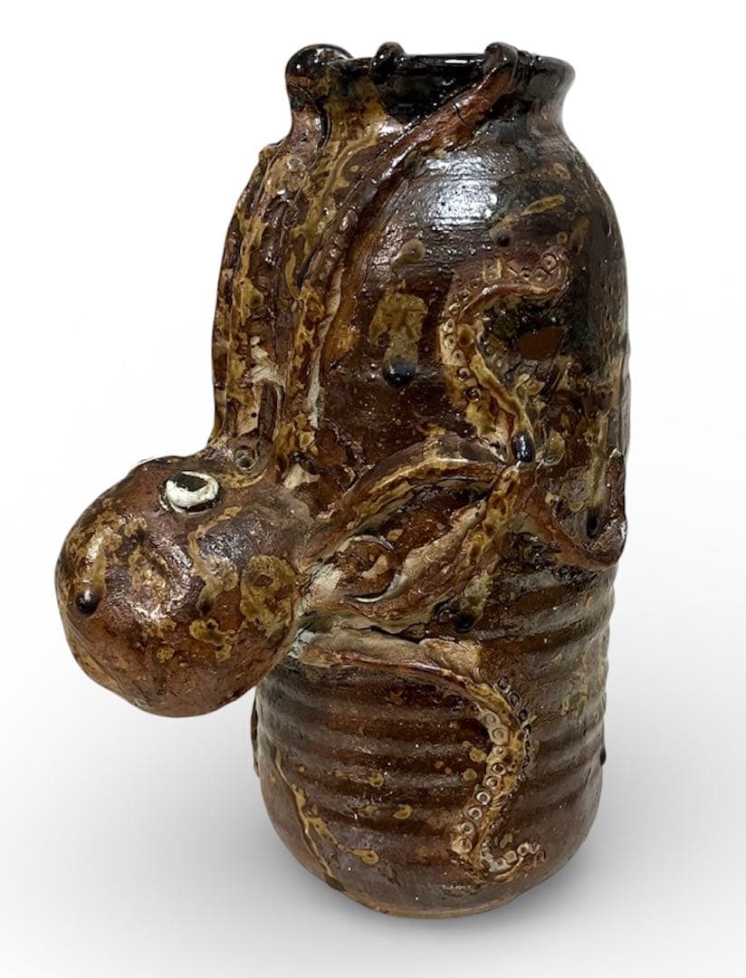 稀少珍品☆蛸彫刻付き 古い花瓶 陶器焼物 作家在銘 詳細不明 約30cm
