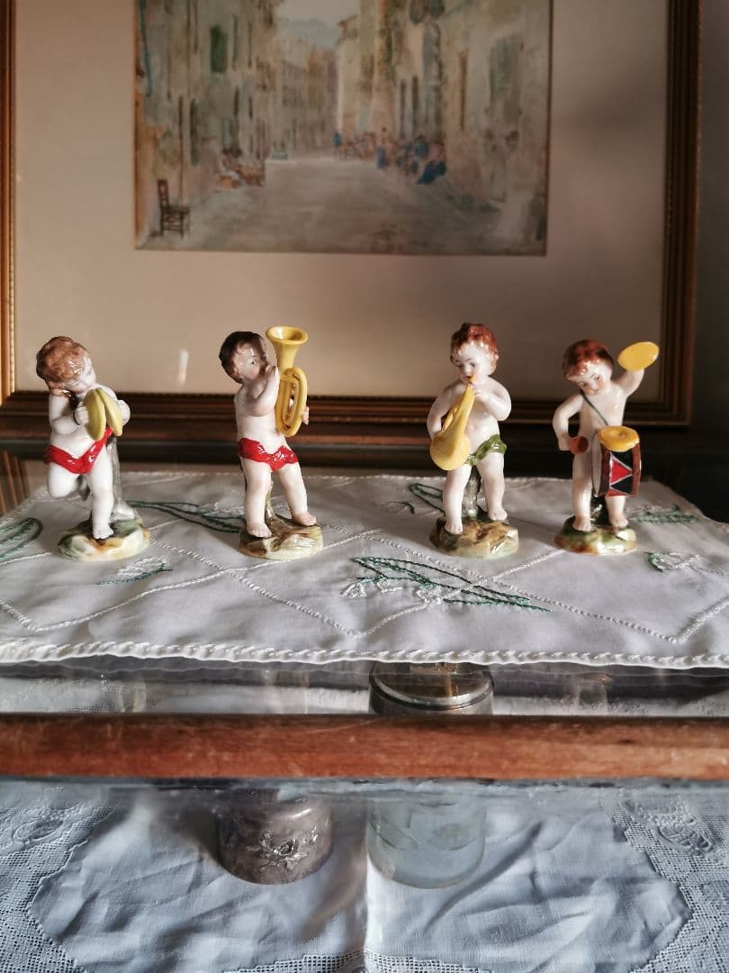 アンティークドイツ子供天使吹奏楽隊フィギュリン ペット＆ホルン＆ドラム＆シンバル