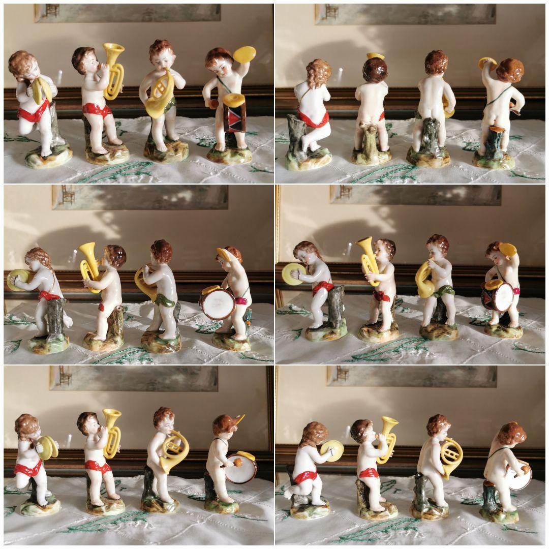 アンティークドイツ子供天使吹奏楽隊フィギュリン ペット＆ホルン＆ドラム＆シンバル