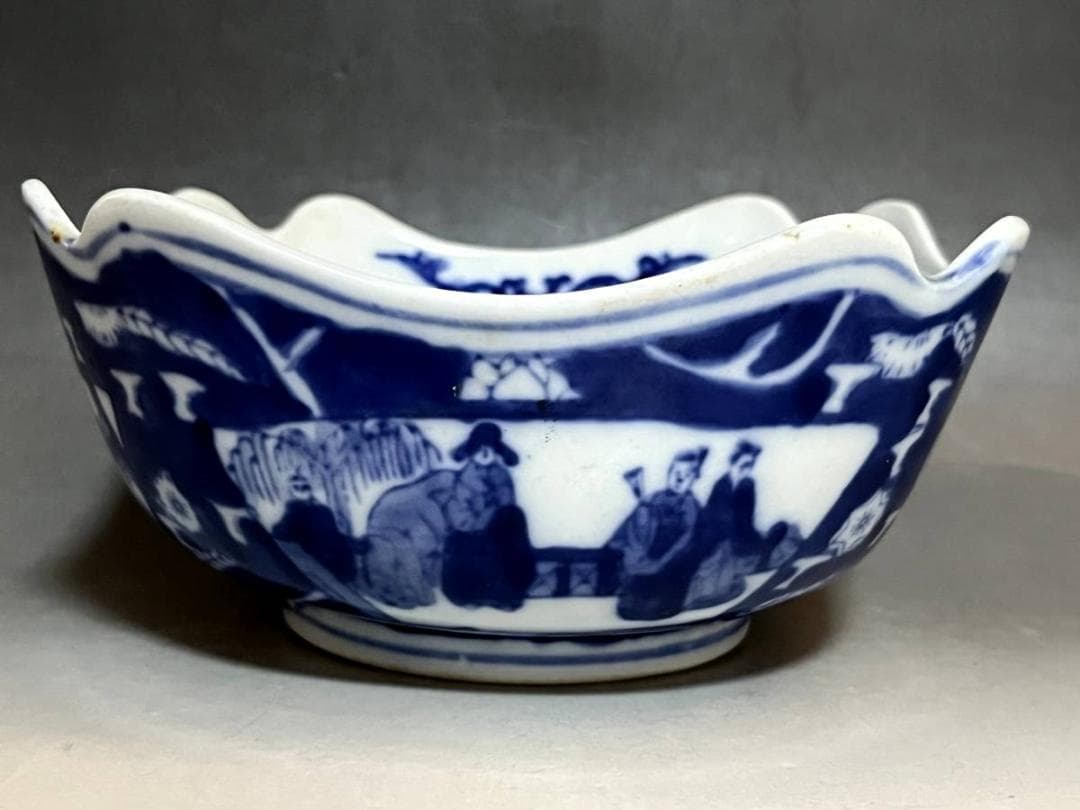 鉢■染付 唐人 窓人物絵 年号印有 ベロ藍 古玩 中国 古美術 時代物 骨董品■