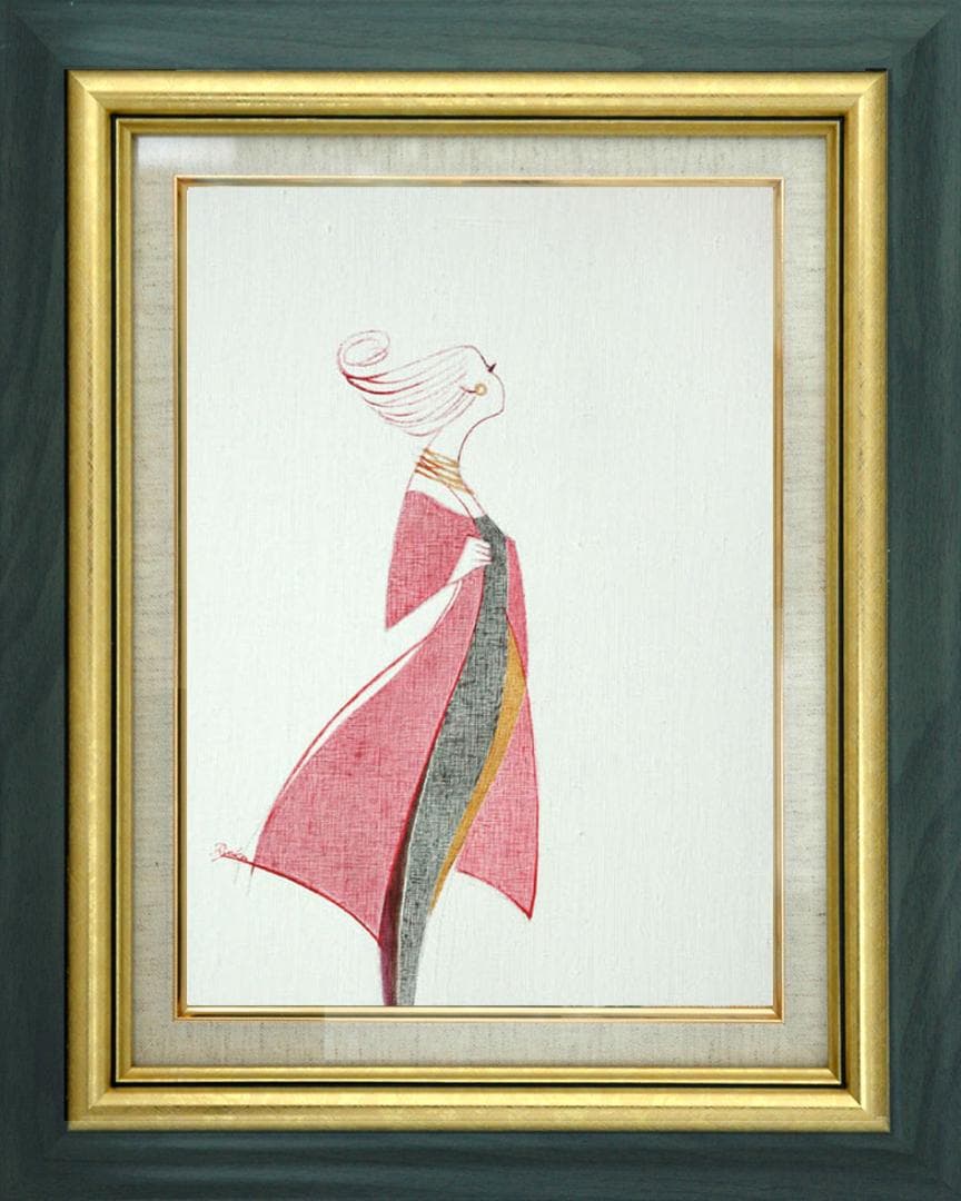 油絵 菅家令子 絵 絵画インテリア額付(青緑＋金色の枠)F4-080614 女性