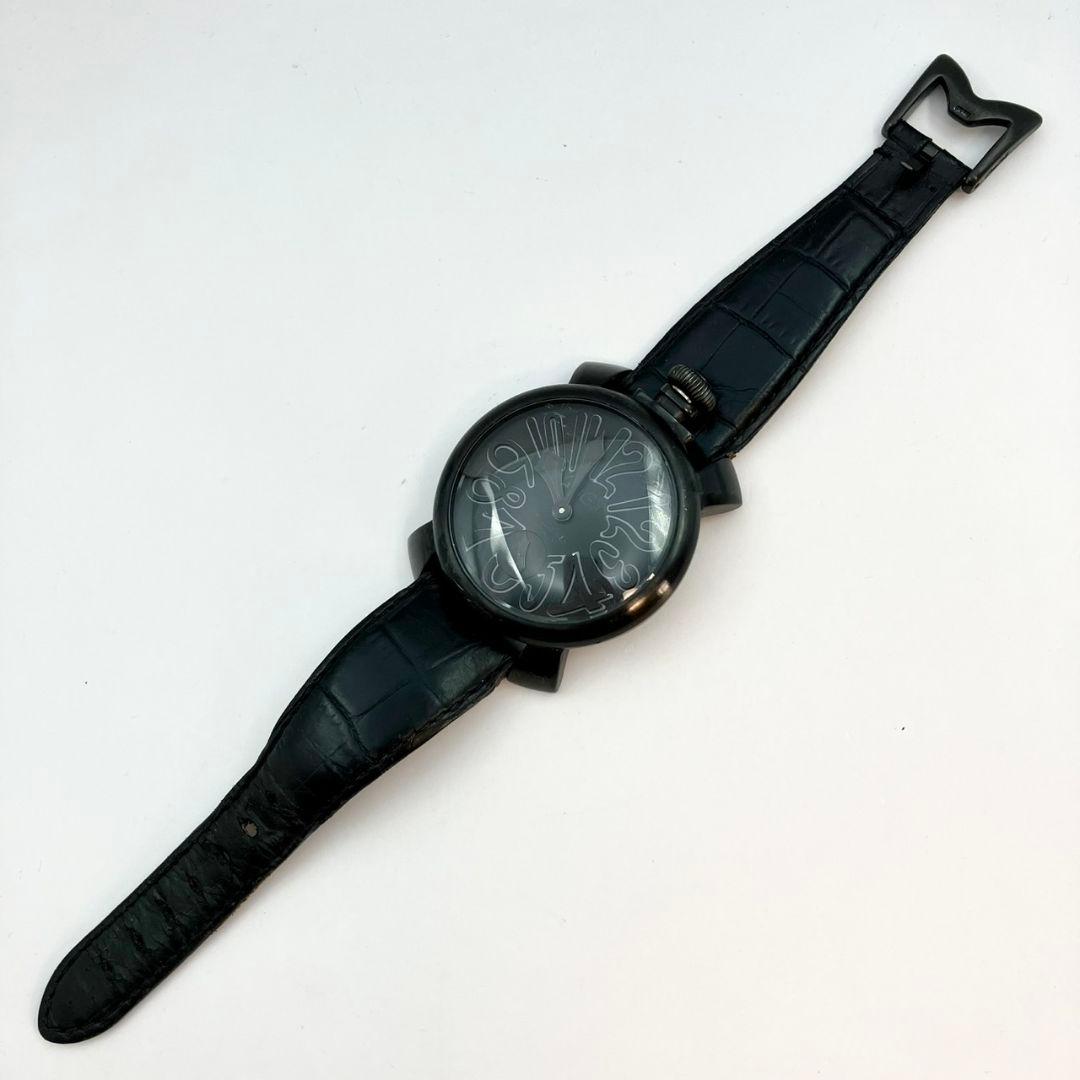 稼働品 ガガミラノ マヌアーレ 48ｍｍ 手巻き オールブラック 腕時計