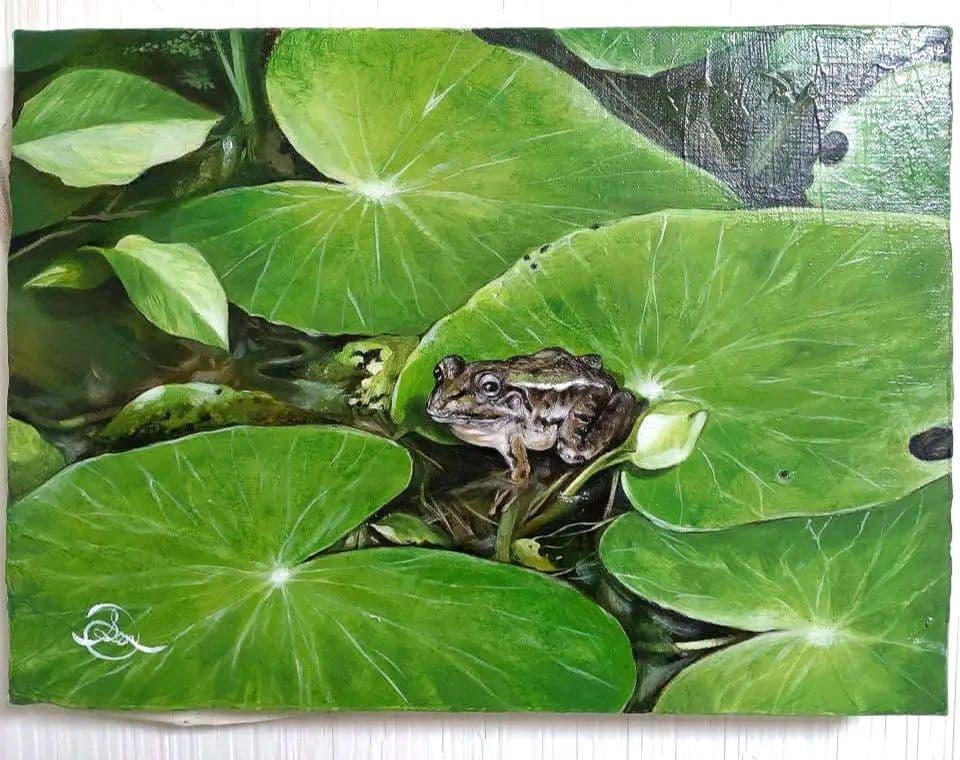 蛙の油絵【静かな一歩】1点物の原画◆作者サイン入り◆F4号キャンバス油絵