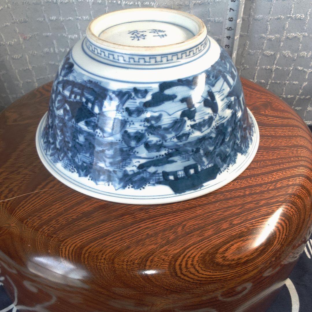 骨董２ 青い風景画の陶器ボウル