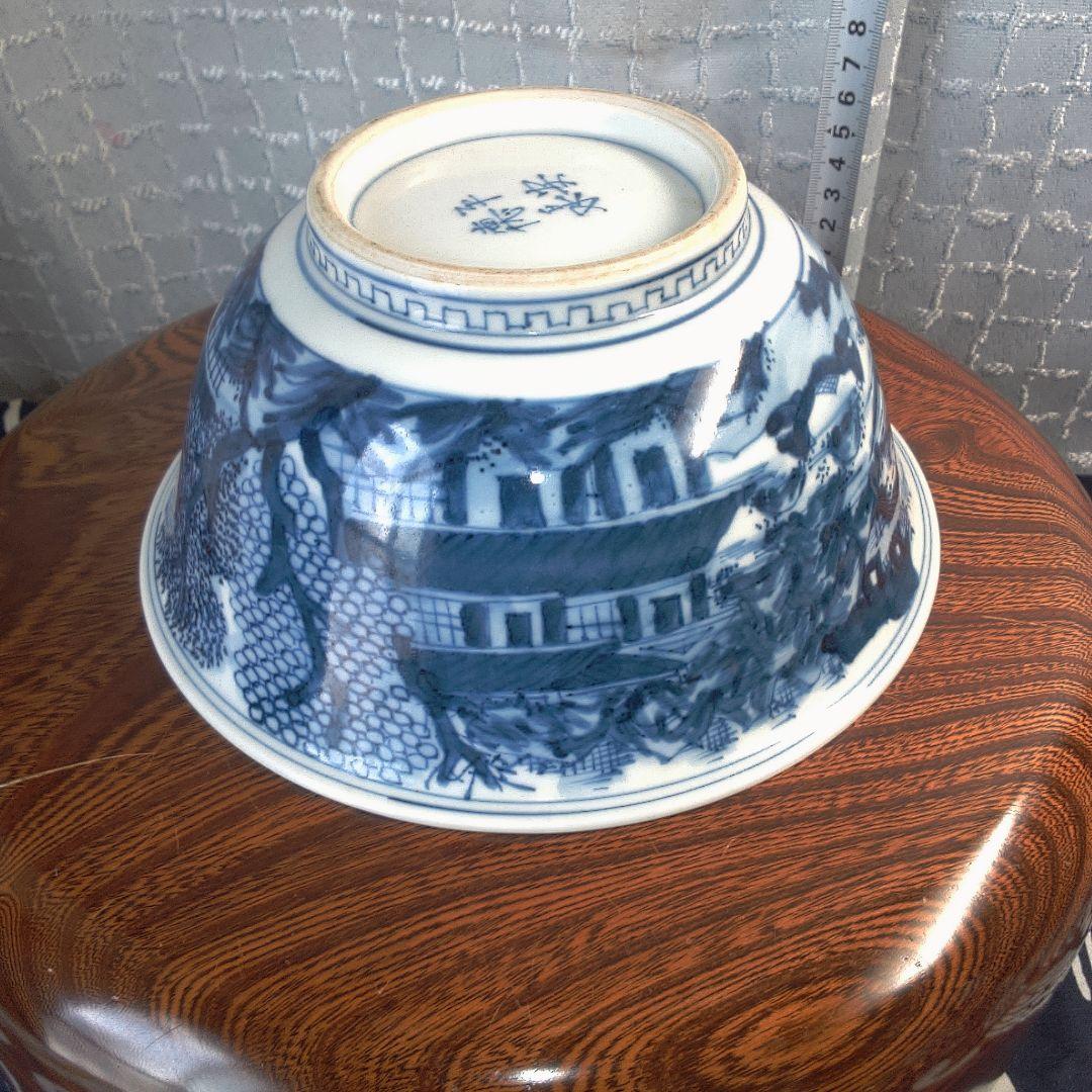 骨董２ 青い風景画の陶器ボウル