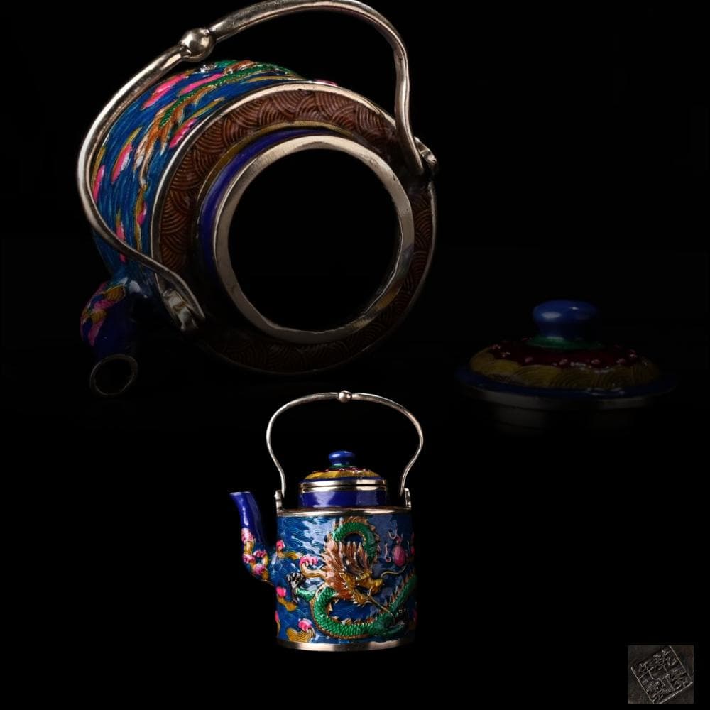 中国古美術『旧蔵 景泰藍盤龍壺』純銅象嵌 琺瑯彩 茶酒壺 酒具 茶道具 急須