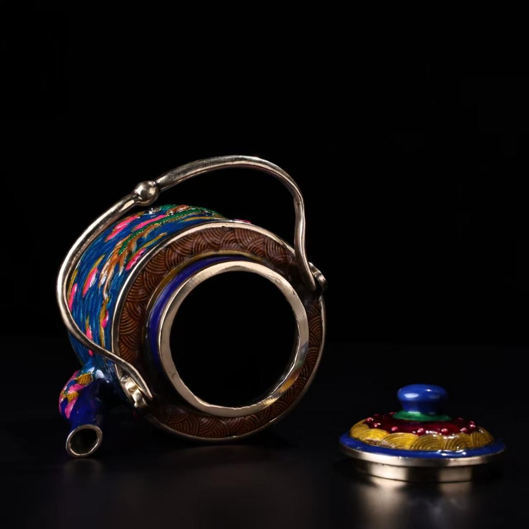 中国古美術『旧蔵 景泰藍盤龍壺』純銅象嵌 琺瑯彩 茶酒壺 酒具 茶道具 急須