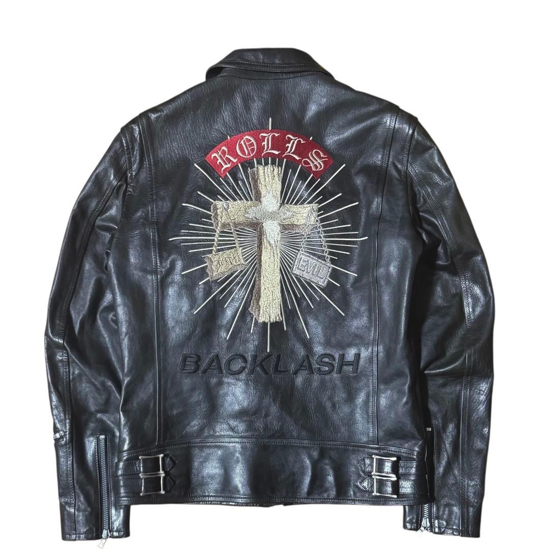 稀少 BACKLASH×ROLL バック刺繍 シングルライダースジャケット 黒