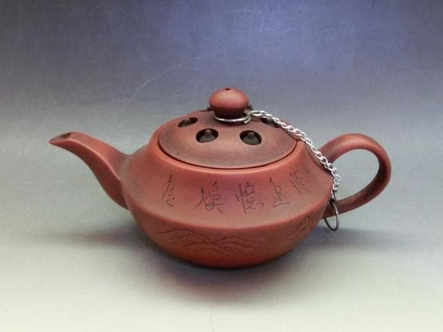 急須■中国 蓮子果実細工 漢文彫り 朱泥 後手茶瓶 壷迷偉 古玩 唐物 骨董■