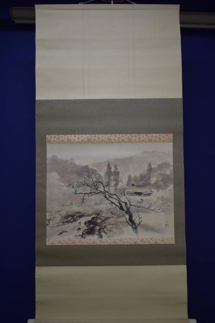 真作/明峰/桜/山水人物図/布袋屋掛軸HJ-11