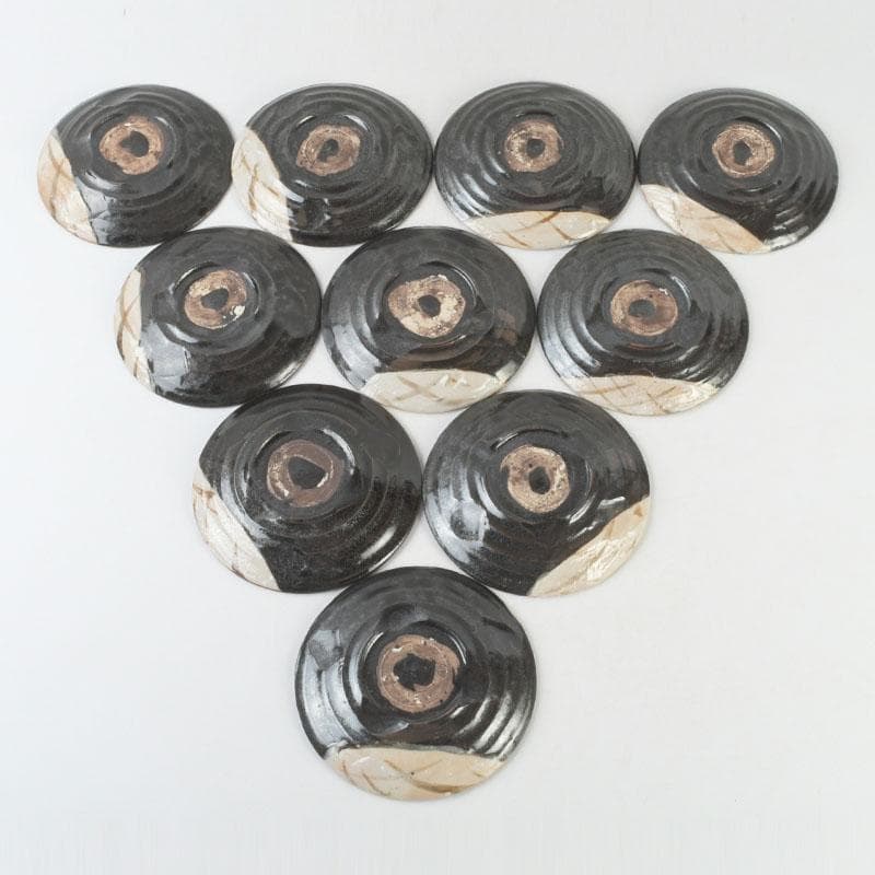 和食器　織部焼　竹里庵　葵窯　加藤春二作　草文皿　十客　共箱　V　9735