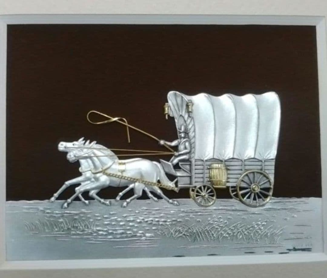 金属美術工芸品　武比古　純銀レリーフ額《幌馬車》装飾作品