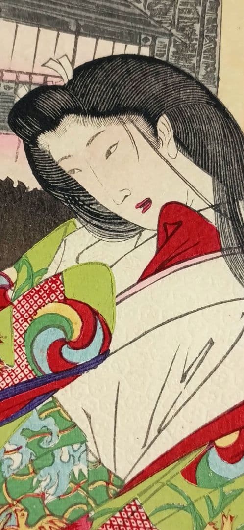 浮世絵、曾我十郎大磯通之圖三枚綴りの右側1枚売りです。橋本周延画、明治23年出版
