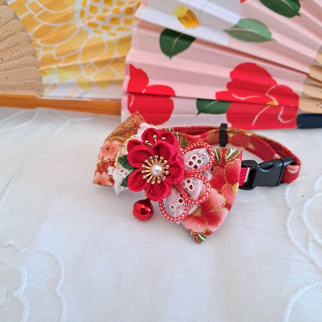 プッチ、お正月仕様和風つまみ細工(ピンク⑤)わんちゃん猫ちゃん用襟つき首輪