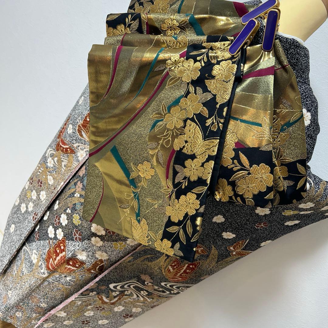 356 振袖フルセット 正絹 グレー 黒モノトーン 金彩 たたき染め シック