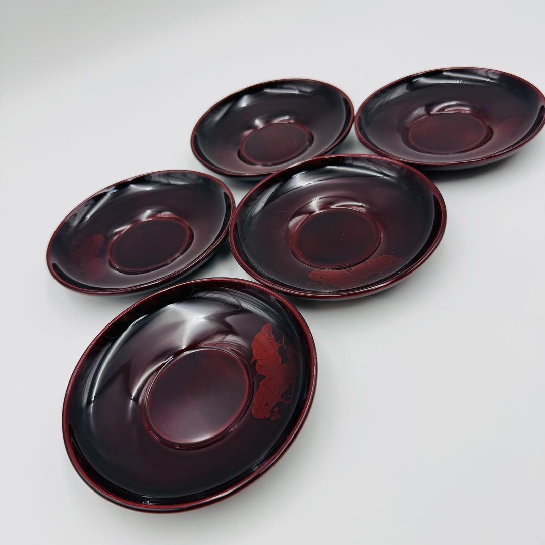 【輪島塗　五島屋謹製　蔓草　茶托五客　共箱】漆器　アンティーク　茶道具