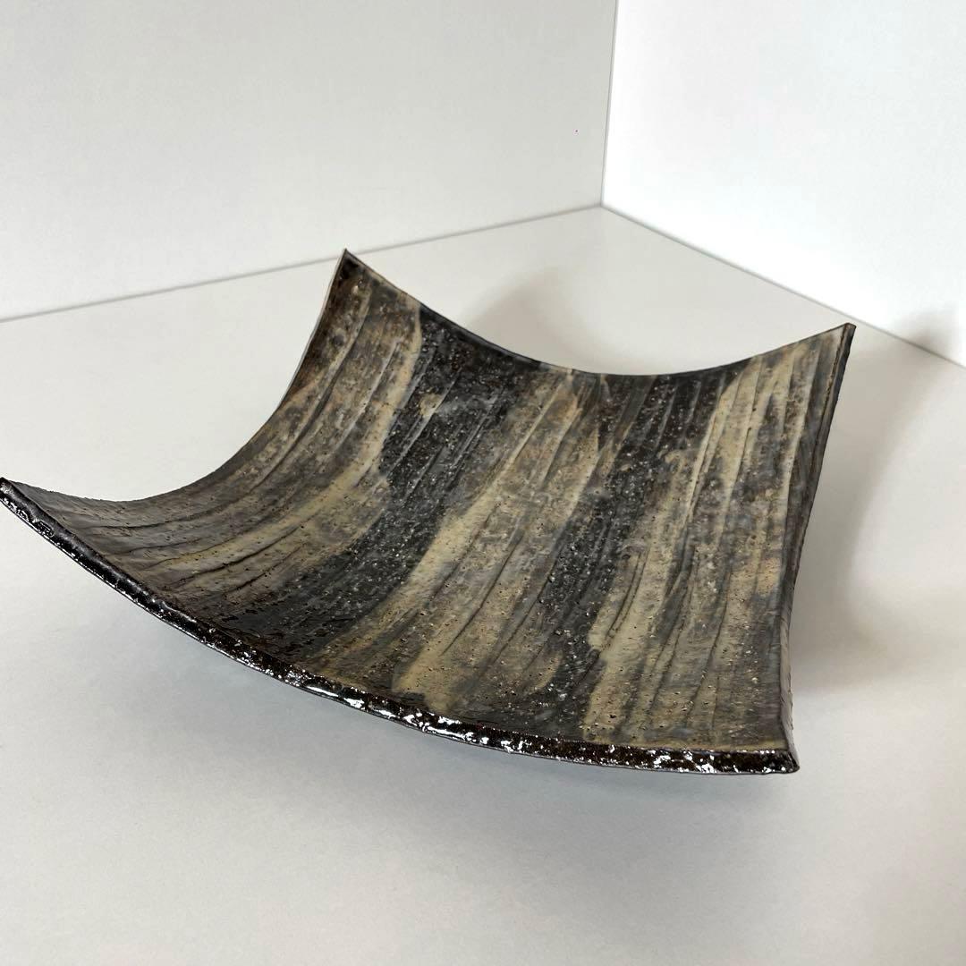 #XG513 陶芸家・波多野善蔵・萩焼四方皿・萩焼・共箱・共布栞・刷毛目・茶道具