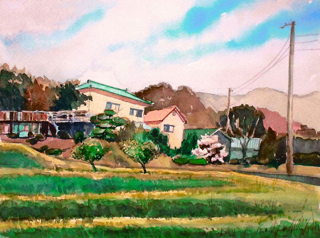 水彩画 田園風景 額装済みF６号