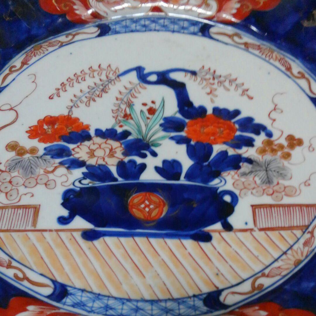 江戸期　古伊万里色絵楕円輪 花 大皿38×32
